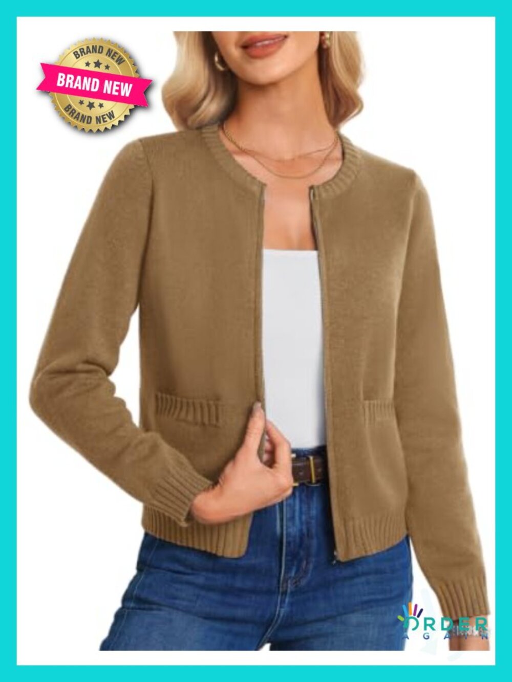 Ribbed Knit Zip Up Cropped Cardigan Sweater with Pockets